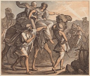Das Treffen von Isaak und Rebekka, Genesis, XXIV, 64 (farbige Gravur) von Julius (after) Schnorr von Carolsfeld