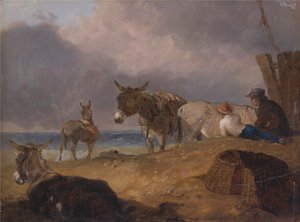 Esel und Figuren am Strand