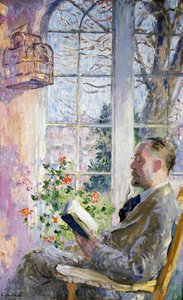"Auf der Veranda" Ein Mann liest ein Buch, ein Vogelkäfig ist aufgehängt. Gemälde von Julius Gari Melchers von Julius Gari Melchers
