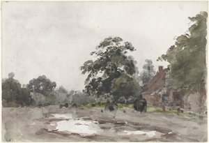 Bauernhof unter hohen Bäumen mit Wasser im Vordergrund von Julius Jacobus van de Sande Bakhuyzen