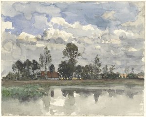 Bäume spiegeln sich im Wasser bei bewölktem Himmel von Julius Jacobus van de Sande Bakhuyzen