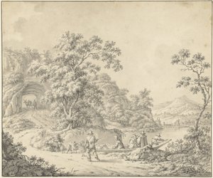 Landschaft mit einem Boot, in dem ein Schäfer mit seiner Herde sitzt