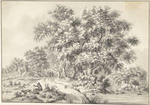 Landschaft mit sitzendem Mann mit Hund und Spaziergängern auf Landweg