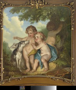 Drei Kinder mit zwei Hunden