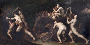 La Carcasse: eine Hexe wird auf dem Skelett eines Monsters gezeichnet, 17. Jahrhundert