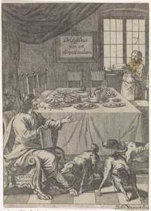 Zoilus sitzt an einem gedeckten Tisch (De Gustibus non est disputandum) von Justus van den Nijpoort