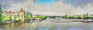 Skizzierte Flussstadtansicht