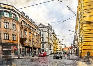 Aquarell Europäische Straßenbahnstraße