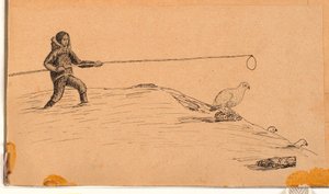 Schneehuhnfänger mit langer Stange und Schlinge von Kaarale Andreassen