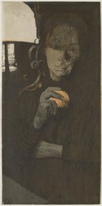 Porträt einer unbekannten Frau mit Orange bei einer Lampe von Käthe Kollwitz