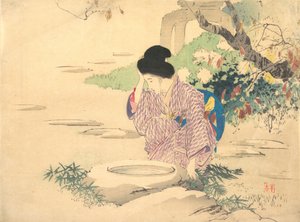 Frau in einem Garten, spätes 19. bis frühes 20. Jahrhundert von Kajita Hanko
