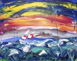 Farbiger Sonnenuntergang mit Segelbooten