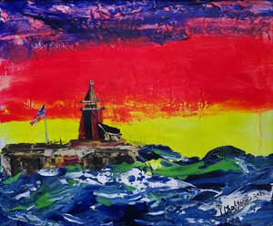 Lebhafter Leuchtturm-Sonnenuntergang