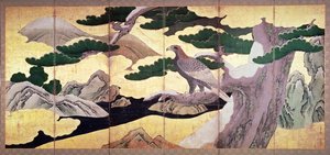 Die Falken in den Kiefern, 6-teiliger Faltbildschirm (Feder und Tinte, Farbe, Gold auf Panel)