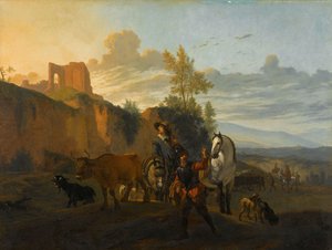 Italienische Landschaft mit Soldaten von Karel (after) Dujardin