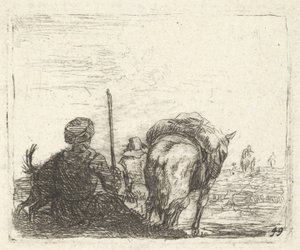 Packpferd, sitzender Mann mit Stab in der rechten Hand und Hund, alle von hinten gesehen, ca. 1641-78 von Karel Du Jardin
