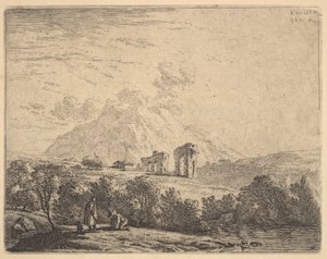 Ansicht eines Hügels mit Ruinen, einem Aquädukt und einem Berggipfel im Hintergrund, im Vordergrund ein m..., 1658 von Karel Du Jardin
