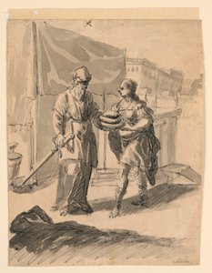 Zeichnung, Figur, die einem General Brote überreicht, ca. 1650