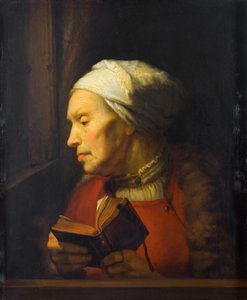 Porträt einer alten Frau, die ein offenes Buch hält