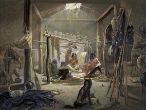 Das Innere einer Hütte eines Mandan-Häuptlings, Tafel 19 aus Band 2 von Reisen im Inneren Nordamerikas, graviert von Narcisse Desmadryl, 1844 (Detail) von Karl Bodmer