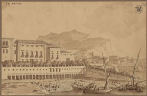 "Ansicht vom Altan meiner Wohnung in Palermo, der kleine Stadthafen, in der Ferne der Monte Pellegrino"