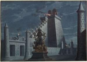 Fernand Cortez, oder: Die Eroberung Mexikos. Oper von Gaspare Spontini. Entwurf zur 1. Dekoration. Indianischer Feuertempel