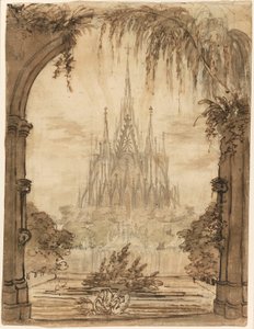 Gotische Kathedrale hinter einem Teich mit Schwänen von Karl Friedrich Schinkel