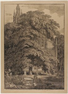 Gotische Kirche hinter einem Eichenhain mit Gräbern von Karl Friedrich Schinkel