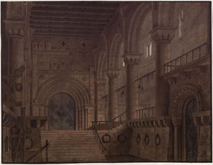 König Yngurd. Trauerspiel von Adolf Müllner. Entwurf zur 5. Dekoration. Saal im Turm mit der Todespforte von Karl Friedrich Schinkel