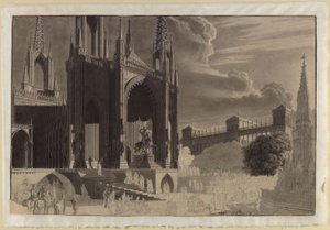 Portal eines gotischen Doms mit der Reiterstatue des heiligen Michael, gegenüber ein Brunnen und im Hintergrund ein Palast