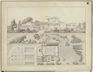 Potsdam-Sanssouci. Römische Bäder bei Schloss Charlottenhof. Ansicht von Westen und Grundriss des Gärtnerhauses von Karl Friedrich Schinkel