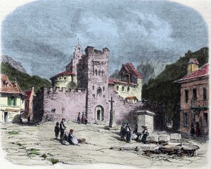 Kirche der Ritter des Tempelordens (Templer) in Luz Saint Saviour (Luz-Saint-Sauveur oder Luz St Saviour, Luz-St-Sauveur). Zeichnung von Karl Girardet (1813-1871)
