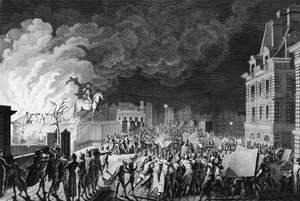 Beginn der Französischen Revolution: Brand des Wachkorps auf der Pont Neuf in Paris am 29. August 1788. Zeichnung und Gravur von Girardet. Paris, Bibliothek des Instituts für Revolutionsgeschichte