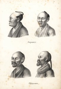 Büsten von japanischen Männern mit Chonmage-Frisur und chinesischen Männern mit Bärten