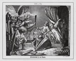 Hartmann von Siebenich verkleidet als Friedrich Barbarossa, um dem Kaiser die Flucht aus Susa, Italien, zu ermöglichen von Karl Ludwig Adolf Ehrhardt