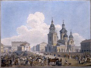Der Heumarkt und die Mariä-Entschlafens-Kirche in Sankt Petersburg von Karl Pavlovich Beggrov