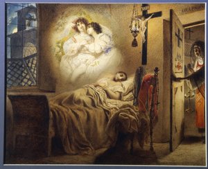 Der Alptraum einer Nonne. Eine junge Nonne träumt von einem Liebesabenteuer, während die Oberin die Tür zu ihrer Zelle öffnet - Werk von Karl Pawlowitsch Brjullow (1799-1852)