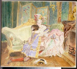 Rendezvous: Kuss zwischen einem schwarzen Mann und einer weißen Frau der russischen Aristokratie - Illustration für den Roman "Der Mohr Peters des Großen" von Alexander Puschkin