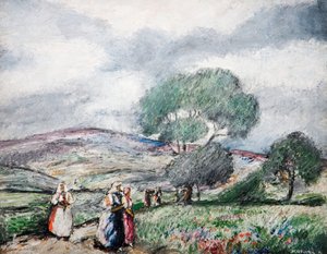 Stürmische Landschaft mit blauen und roten Figuren, 1940 von Karoly Kotasz