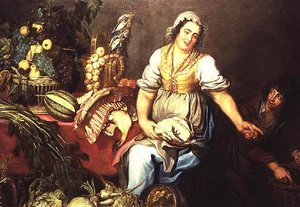 Küchenstillleben mit Obst, Gemüse und einem Mädchen, das ein Huhn hält