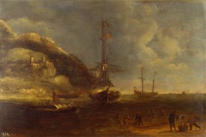 Küstenansicht mit Schiffen und Fischern im Vordergrund