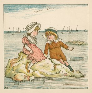 Junge und Mädchen auf einem Felsen gestrandet (Farblitho)
