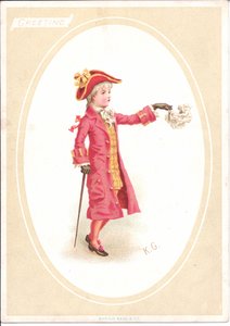 Viktorianische Grußkarte von Kindern am Esstisch, während ein als Koch verkleidetes Kind das Tranchiermesser schärft, ca. 1880 von Kate Greenaway