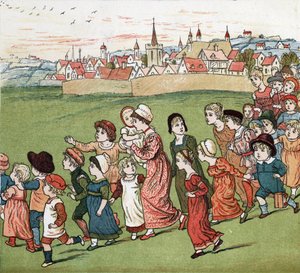 Eine Menge Mütter und Kinder fliehen aus dem Dorf. Illustration von Kate Greenaway (1846-1901) aus dem Buch der Märchen und Kinderreime "Unter dem Fenster" (1879), herausgegeben von Edmund Evans von Kate Greenaway