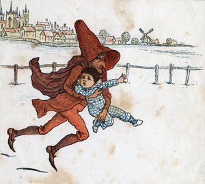 Ein Kobold nimmt ein kleines Kind mit. Illustration von Kate Greenaway (1846-1901) aus dem Kinderbuch „Unter dem Fenster“ (1879), herausgegeben von Edmund Evans. von Kate Greenaway