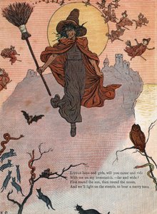 Eine Hexe und ihr Besen, umgeben von schwarzen Katzen, Fledermaus und Eule. Illustration von Kate Greenaway (1846-1901) aus dem Kinderbuch „Under The Window“