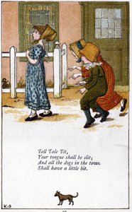 Tell tale tit/Deine Zunge soll gespalten werden: Illustration von Kate Greenaway (1846-1901) für ein Buch mit Kinderreimen. Chromolithographie