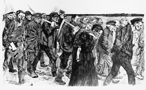 Demonstration der Arbeiter, Illustration von Kathe Kollowitz für die Oper Die Weber von Käthe Kollwitz