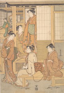 Gruppe junger Frauen auf der Veranda eines Teehauses, spätes 18. Jahrhundert von Katsukawa Shuncho