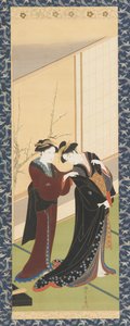 Innenraum: eine Frau hilft einem Mädchen beim Anziehen, Edo-Periode, 1726-1792